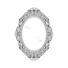 Vintage ornate oval mirror vector illustration with intricate baroque frame in black and white line art, elegant design element