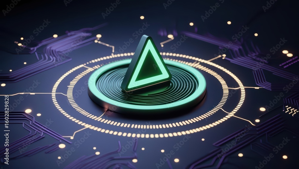 Poster futuristic digital triangular symbol glowing green with holographic technology circuit lines and dat