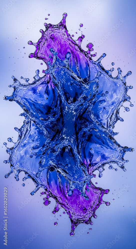 Poster abstract image of blue and purple liquid splash, creating a dynamic and energetic form, showcasing f