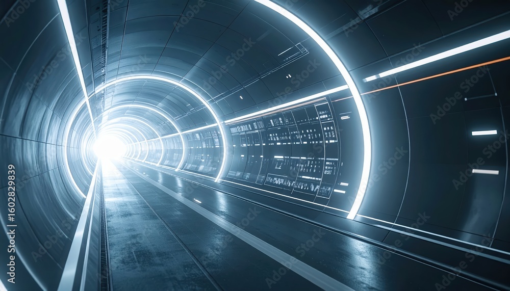 Poster futuristic tunnel with glowing light arcs and high-tech digital displays creating a sense of advance