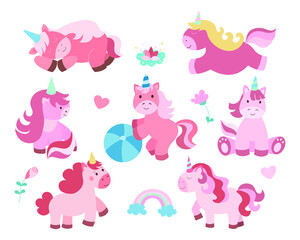 ПечатьSet of funny cute unicorns. Illustrations for children's activities, books, design.