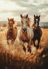 Obraz premium Majestic Horses Running in Beautiful Wild Nature Under Summer Sky