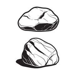 Two black and white vector illustrations of rocks, isolated on a white background, simple design element.