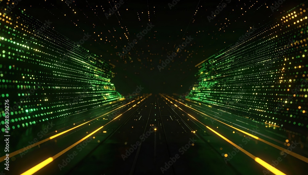Poster futuristic digital data stream with glowing green and gold lines representing high-speed technology 
