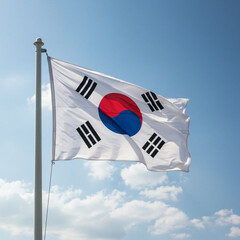 Waving South Korean Flag Under Clear Blue Sky with Sunlight