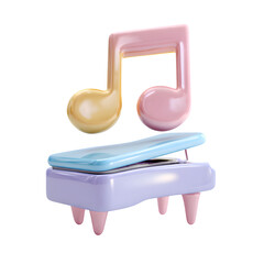 3D music note floating above a toy piano, glossy pastel colors, isolated with white background