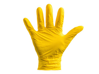 Yellow protective glove in open palm gesture, healthcare and safety concept
