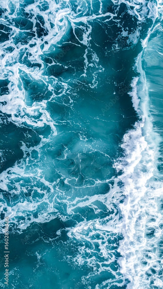 Poster turquoise ocean water with foamy waves creating abstract patterns top view
