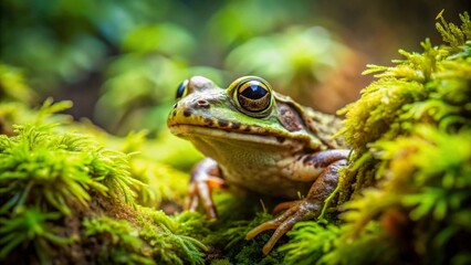 Obraz premium A vibrant green frog, partially concealed within a lush bed of verdant moss, gazes intently towards the viewer, its captivating eyes reflecting the surrounding natural light.