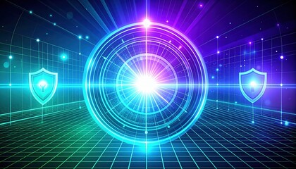 Futuristic cyber security technology concept with digital shield icons and glowing holographic elements representing data protection and digital defenses
