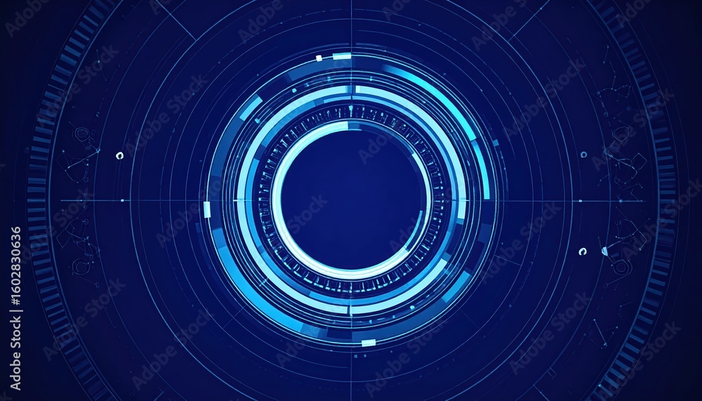 Poster advanced futuristic digital interface with glowing blue circular elements and data visualization gra