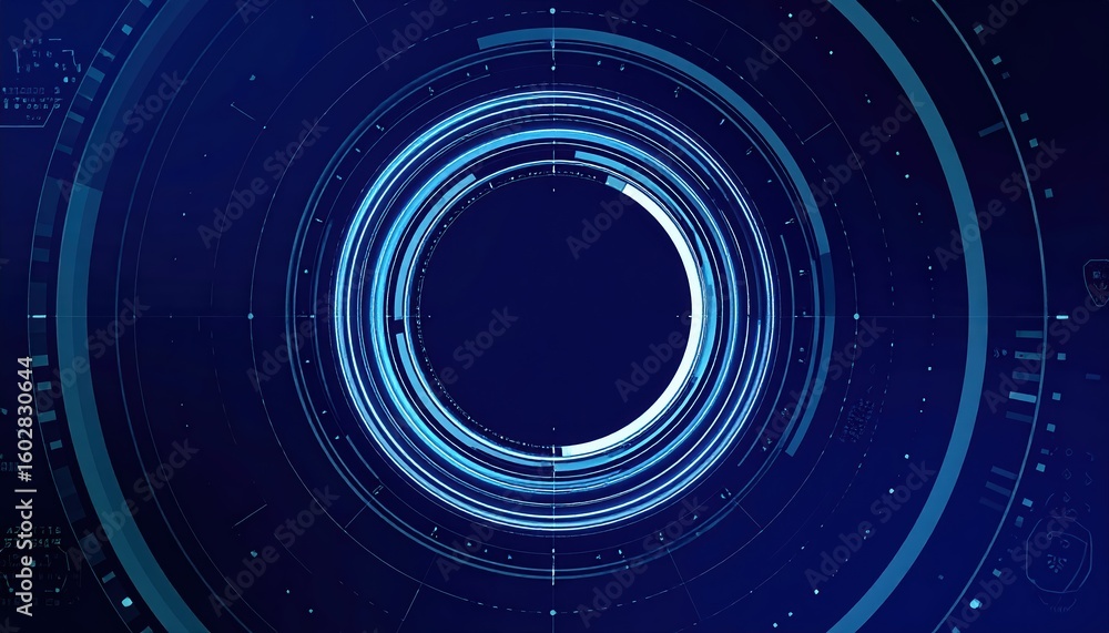 Poster futuristic digital circle design with glowing blue concentric s and data lines creating a high-tech 