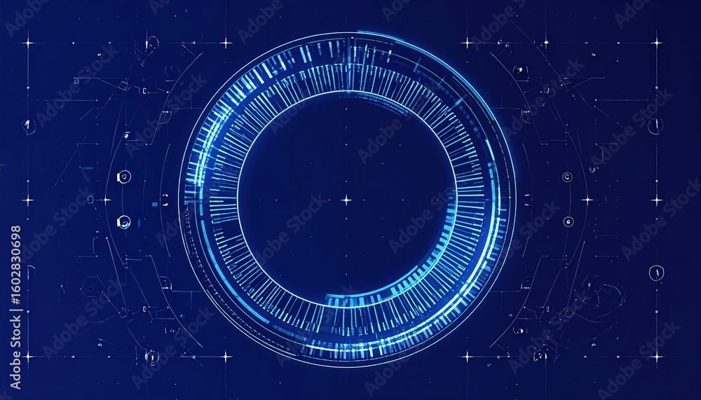 Poster digital futuristic technology interface with glowing circular data representations and intricate hol