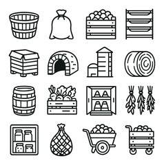 Harvest storage icon collection. simple storage solutions. basket, crate, barrel, rack, silo vector icons. © ihor
