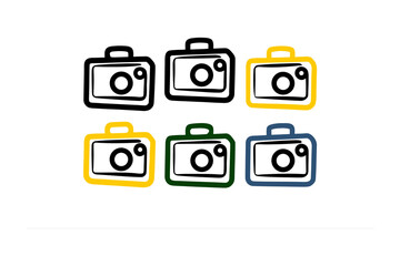 Collection of six colorful hand drawn camera icons with a simple modern design and white backgrounds