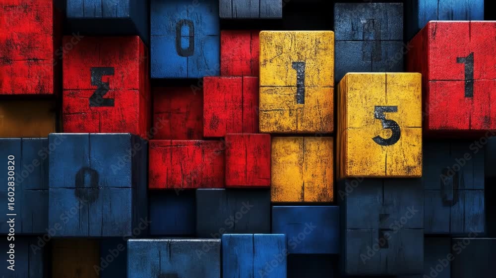 Poster abstract animated background with colorful wooden blocks and numbers, dynamic display