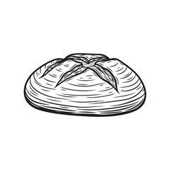 Stylized black and white vector illustration of a freshly baked bread loaf with scoring marks, ideal for food designs.