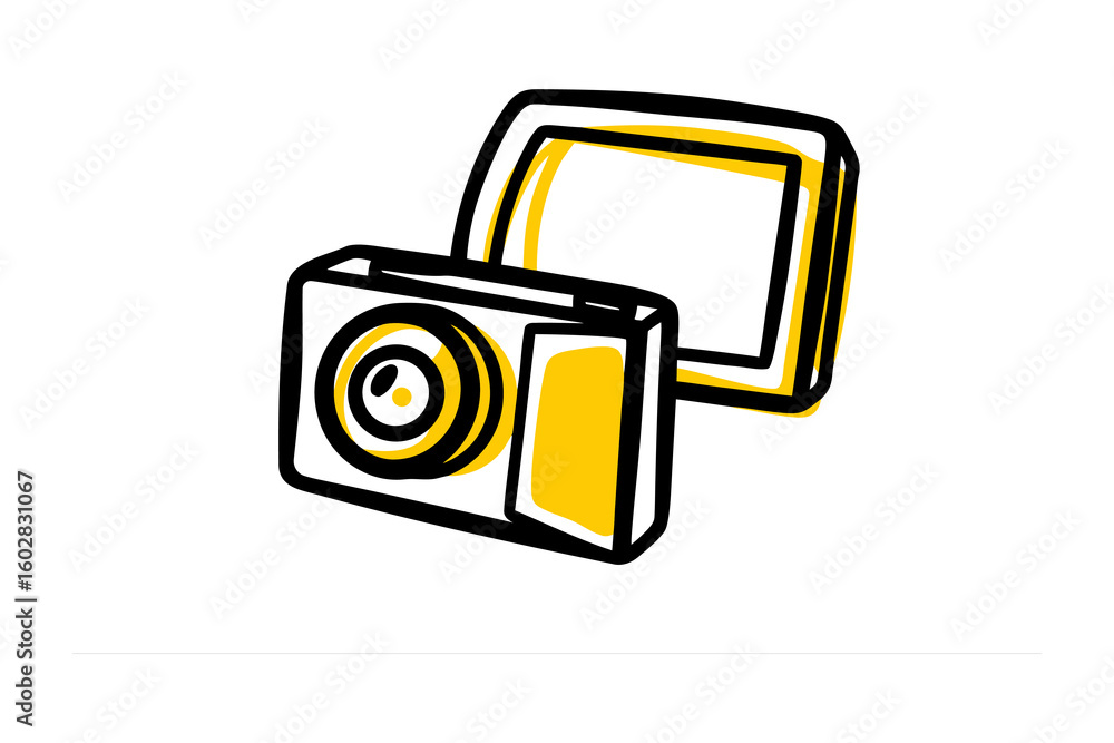 Poster hand drawn illustration of a digital camera and a blank screen displaying a simple visual representa