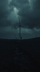 Obraz premium Dark Minimalist Sci-Fi Landscape with Wind Turbines and Stormy Sky