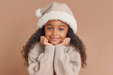 cute happy little black girl with her chin in her hands wearing a beige santa hat and sweater