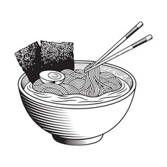 Black and white woodcut style illustration of a bowl of ramen with chopsticks, noodles, seaweed, and narutomaki.
