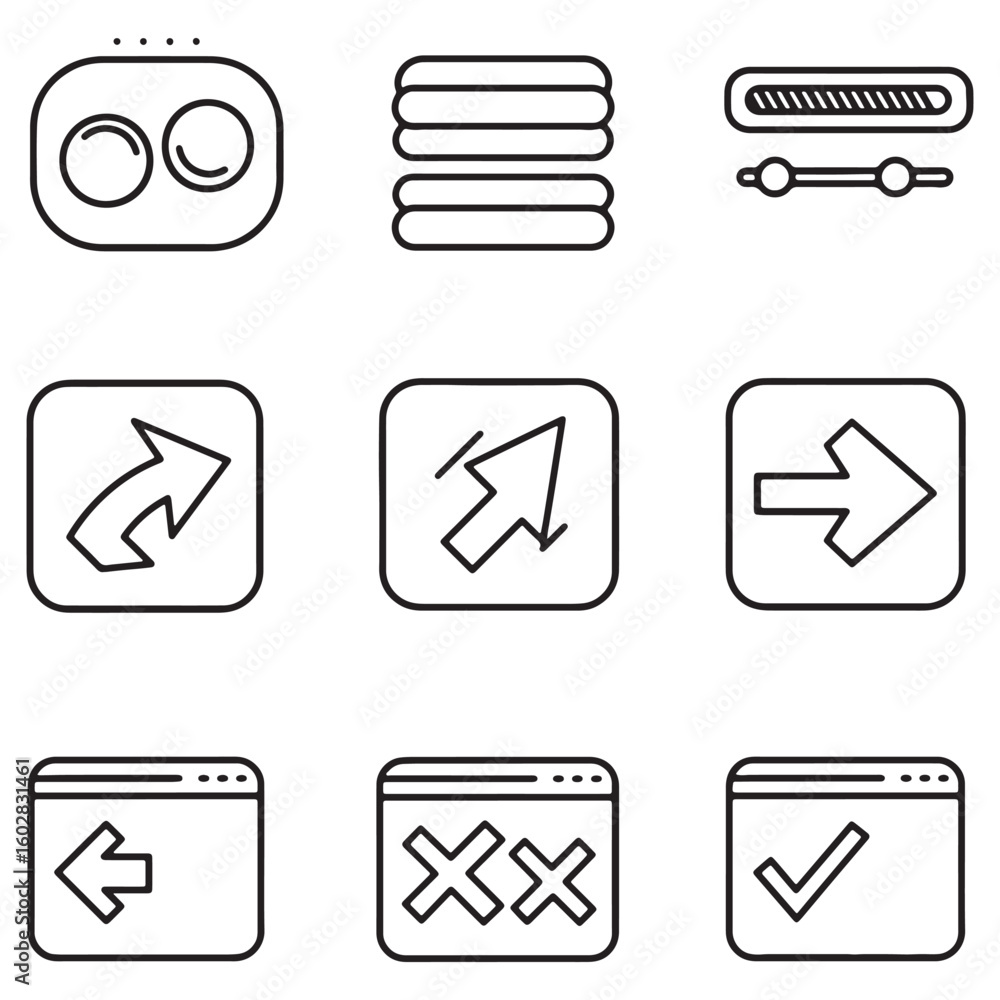 Poster collection of minimalist icon designs for web interface elements and user navigation