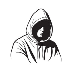 Mysterious person in a hooded sweatshirt, vector illustration in black and white, depicting anonymity and urban style.