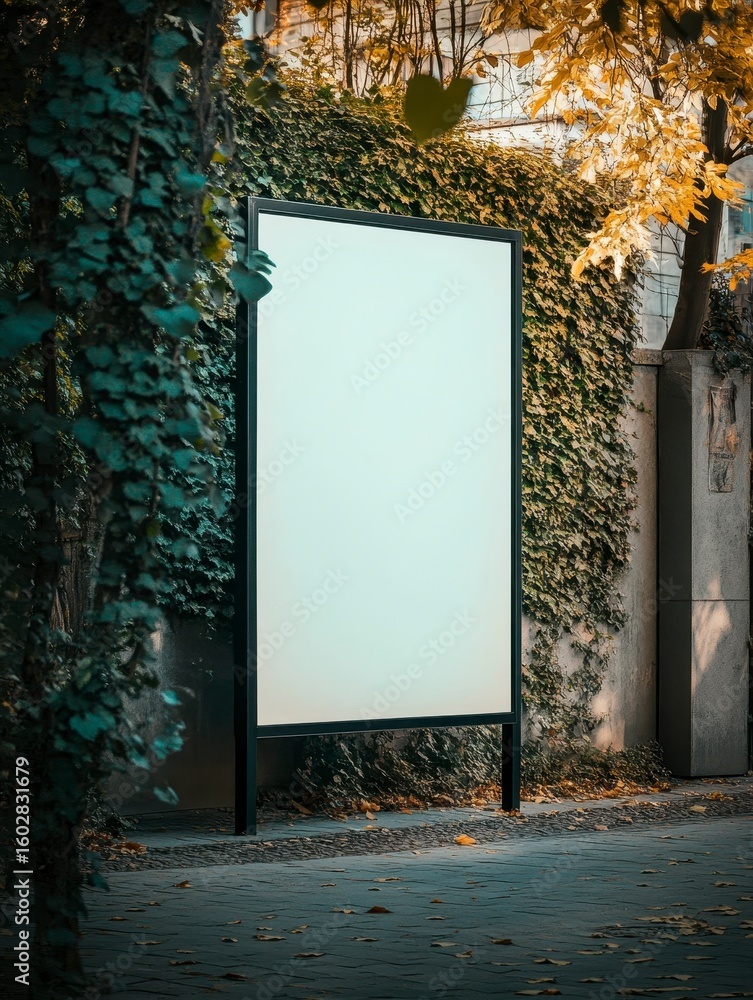 Poster empty billboard mockup surrounded by lush greenery in fall setting