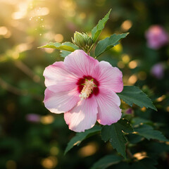 A close-up of a pink Mugunghwa, also known as rose of the Sharon