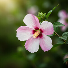 A close-up of a pink Mugunghwa, also known as rose of the Sharon