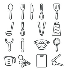 Kitchen utensil icon collection. cooking tools simple linear style. fork, knife, whisk, spatula, ladle, grater, colander vector icons.