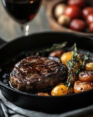 Juicy Grilled Steak with Golden Potatoes in Black Pan