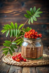 Glass jar wrapped in wicker, filled with red-orange berries and green foliage, set on wooden surface with rustic planks and warm shadows