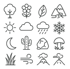 Nature icon collection: simple linear symbols of tree, flower, leaf, mountain, sun, vector icons