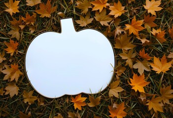 Blank white Halloween pumpkin cutout mockup is on autumn leaves grass field
