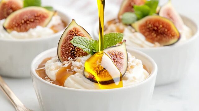 Delectable Figs Dessert: A close-up, overhead view presents three pristine white bowls, each artfully adorned with fresh fig halves, creamy white frosting, and a sprig of aromatic mint.