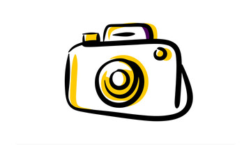 A hand drawn sketch of a vintage style camera with a simple lens and flash accent