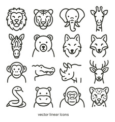 Wild animal icon collection. simple linear lion, tiger, elephant, zebra, bear, wolf vector icons.