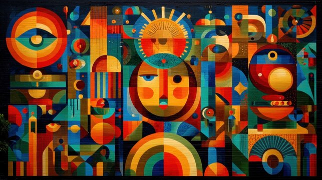 Colorful geometric mural with abstract faces and shapes.