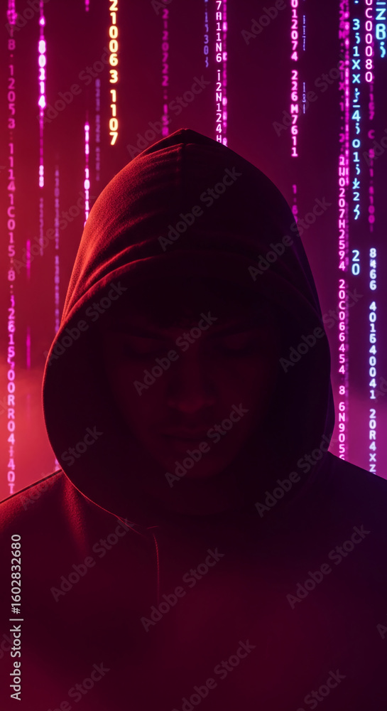 Poster hooded figure silhouetted against a background of falling binary code, conveying themes of anonymity