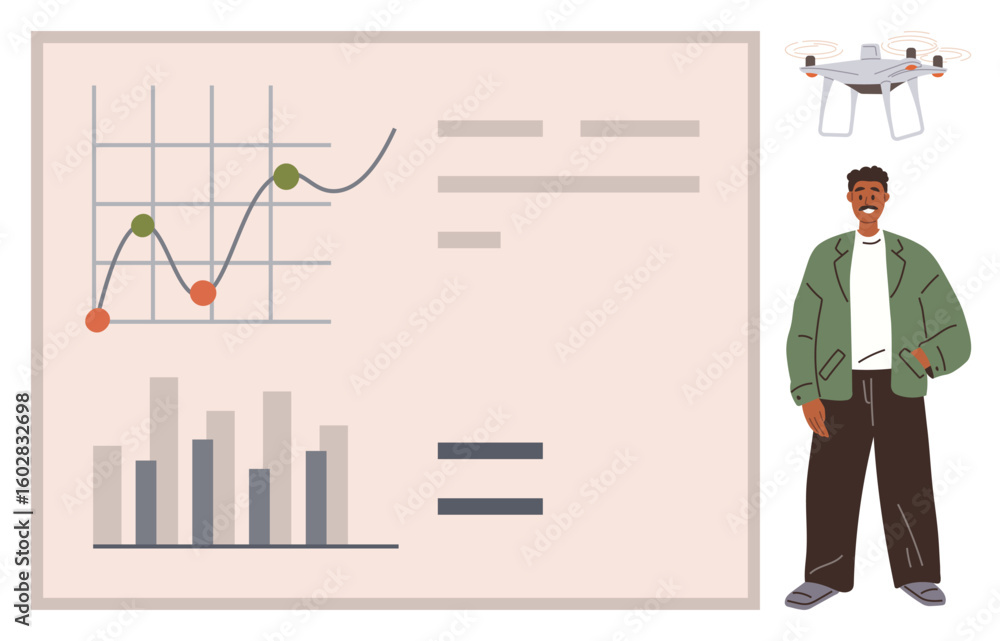 Poster man standing near analytic chart and graph with upward progress, accompanied by a drone. ideal for b