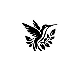 A stylized black hummingbird illustration with leaves on a white background
