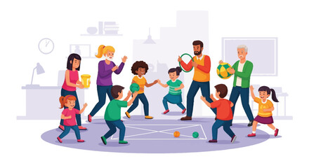 Happy siblings and multi-generational family playing fun indoor games, celebrating childhood, togetherness, and playful activities.