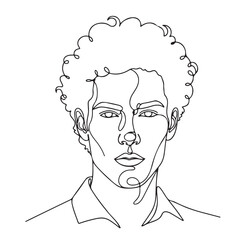 Continuous line art portrait of a man with curly hair, minimalist black and white vector illustration, a modern artistic design element.