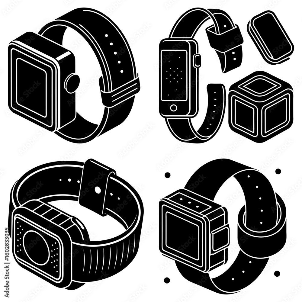 Poster isometric view of various smart watch designs with different shapes and band styles in black and whi