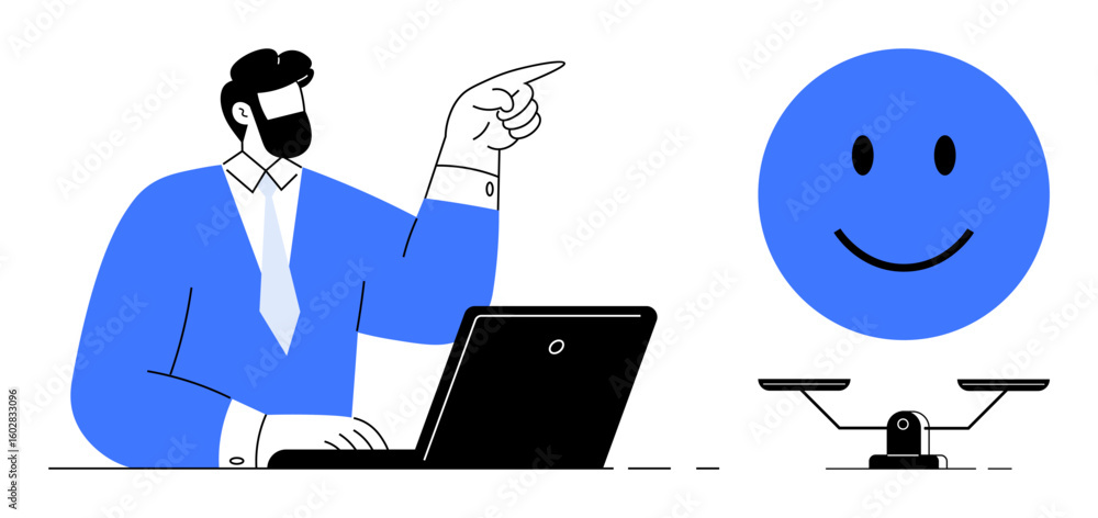 Poster professional in suit using laptop while pointing to balanced scales with smiling face. ideal for wor