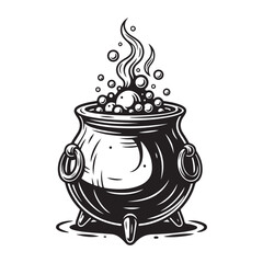 Black and white vector illustration of a bubbling witch's cauldron, a magical and mysterious design element for Halloween or fantasy themes.