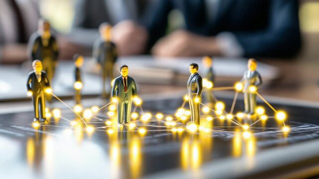 An HR manager creatively uses figurines to visualize strategic talent network planning, effectively mapping roles and leadership positions for a clear company vision.