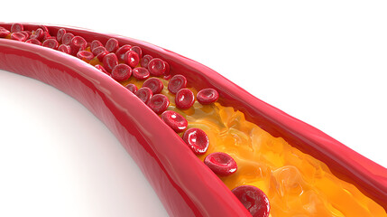 Narrowed artery with plaque and red blood cells showing cardiovascular disease risk and blood flow obstruction