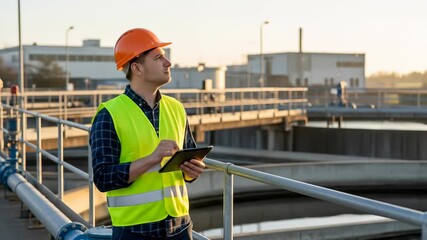 Industrial worker safety vest helmet tablet outdoor water treatment plant engineer inspection professional technology monitoring infrastructure construction male adult day sunlight railing confident